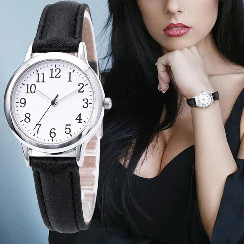 Relógio Feminino Quartz – Minimalista, Números Arábicos e Pulseira de Couro Premium